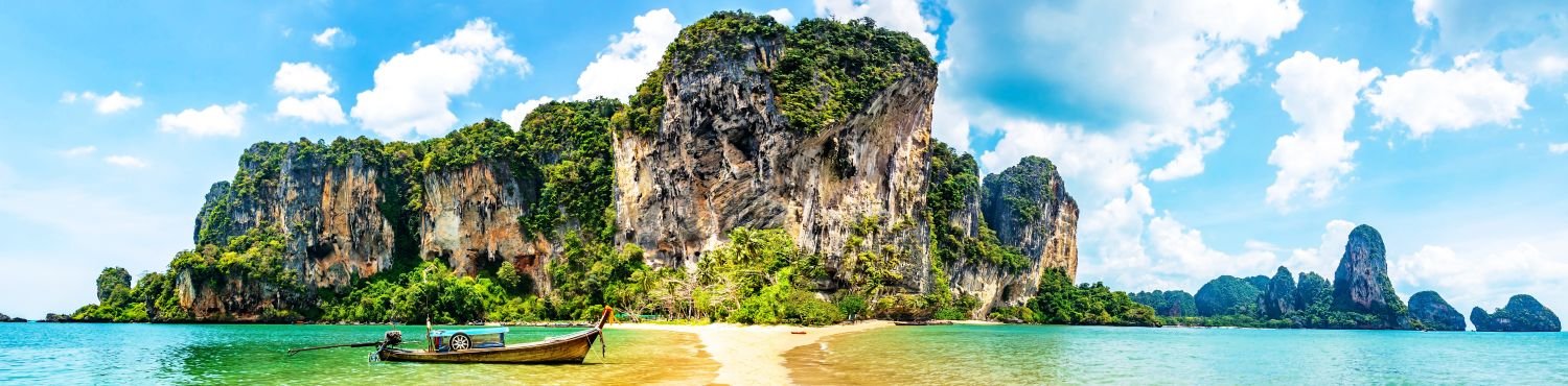 Travel concept. Amazing view of beautiful beach with longtale boat. Artistic picture. Beauty world. Panorama. Creative collage.