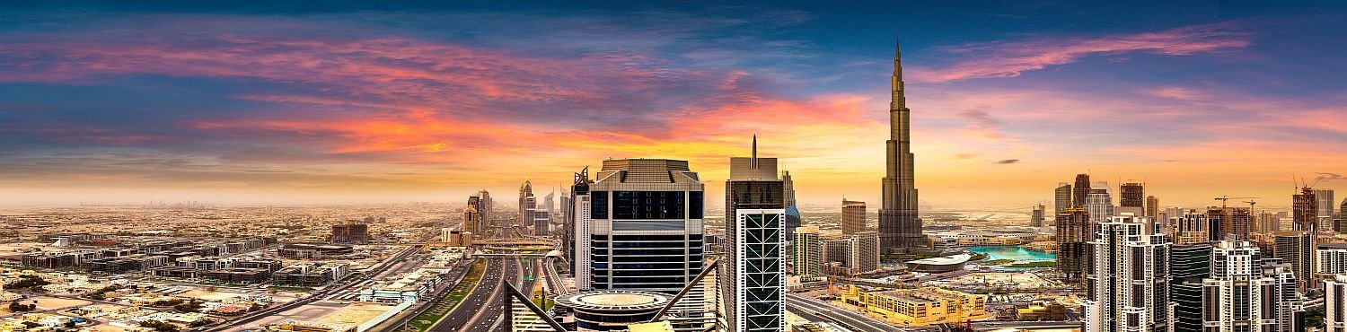 Panorama of downtown Dubai in a summer day, United Arab Emirates